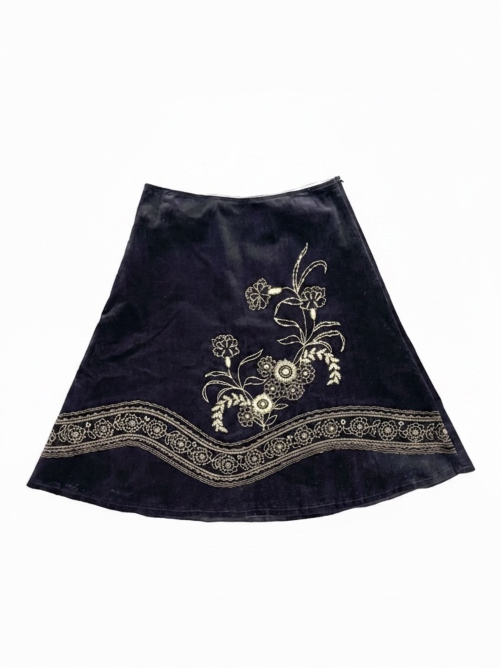 Willi Smith Black Corduroy Embroidered A-Line Short Skirt Gold Floral Stitching